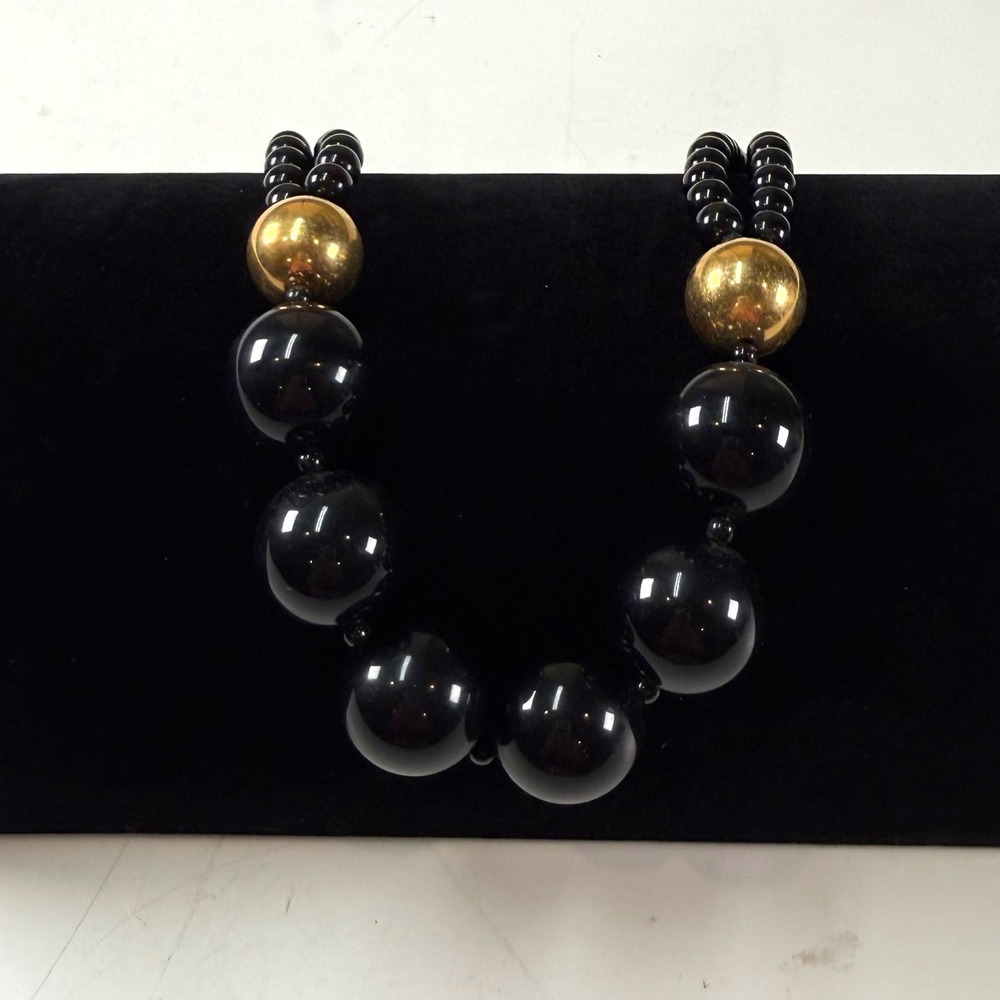 Monet Black Beaded Statement Necklace Gold Tone Accent Vintage Signed‎